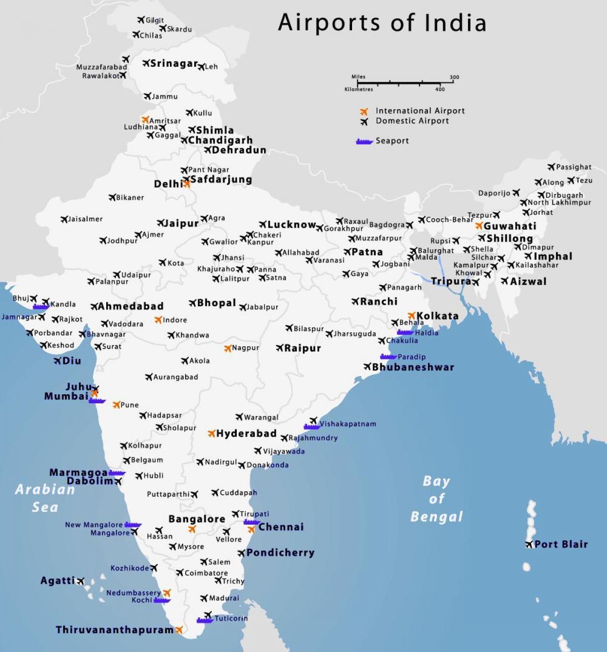 Carte des aéroports de l'Inde